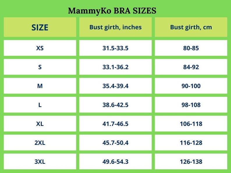 Op de afbeelding: Een tabel met bh-maten in inches en centimeters. De tabel bevat de maten XS, S, M, L, XL, 2XL en 3XL. De tabel toont de borstomvang in inches en centimeters voor elke maat.