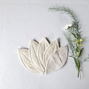 May include: A collection of six beige, leaf-shaped reusable facial rounds arranged in a floral pattern. A sprig of greenery with small white and yellow flowers is positioned to the right, all set against a white background.