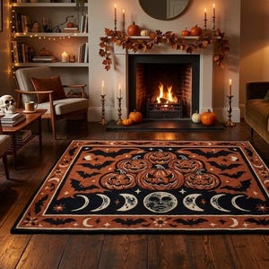 May include: A rectangular area rug featuring a black and orange color palette with a central design of stacked jack-o'-lanterns, flying bats, and a moon phase cycle. The border includes small star motifs and additional bat silhouettes throughout.
