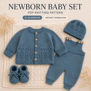 May include: A blue knitted newborn baby set featuring a long-sleeved cardigan with wooden buttons, a pair of overalls with button straps, and a matching hat and booties. The text reads NEWBORN BABY SET PDF KNITTING PATTERN 0-12 MONTHS INSTANT DOWNLOAD.