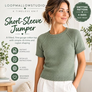May include: A sage green short-sleeve knitted jumper with a crew neckline, rib-knit trim at the collar, sleeves, and hem, and raglan sleeve construction. The text reads LOOPMALLOWSTUDIO, A TIMELESS KNIT, Short-Sleeve Jumper, and KNITTING PATTERN.