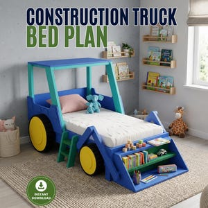Könnte beinhalten: Ein blau-türkisfarbener Baustellen-LKW-Bettrahmen mit gelben Rädern, einer weißen Matratze und einem vorderen Ablagefach. Der Text "CONSTRUCTION TRUCK BED PLAN" steht oben und ein "INSTANT DOWNLOAD"-Symbol befindet sich in der unteren Ecke.