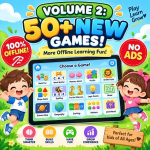 May include: A tablet screen displays a game selection menu with icons for math, spelling, puzzles, and science. The interface features colorful graphics, cartoon characters, and text including Volume 2: 50+ New Games, 100% Offline, and No Ads.