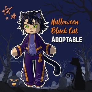 Könnte beinhalten: Eine digitale Illustration einer katzenartigen Figur mit schwarzem Haar und grünen Augen, die ein violettes Outfit mit orangefarbenen Akzenten und Rüschen trägt. Der Text lautet Halloween Black Cat ADOPTABLE. Der Hintergrund zeigt einen Friedhof.