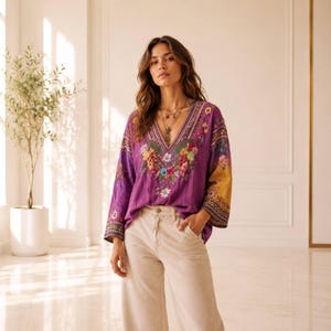 Op de afbeelding: Een paarse blouse met lange mouwen, een diepe V-hals en ingewikkeld veelkleurig bloemenborduursel op de borst en schouders, gecombineerd met een lichtbeige wijde broek. De mouwen hebben een contrasterend geel paneeldetail.