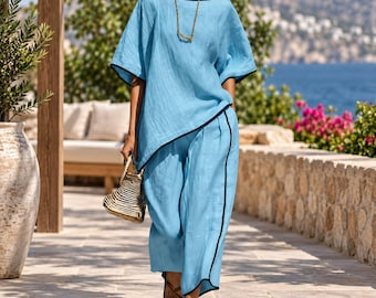 Conjunto de dos piezas para mujer: blusa tipo túnica extragrande y pantalones de pierna ancha. Ideal para vacaciones en un resort.