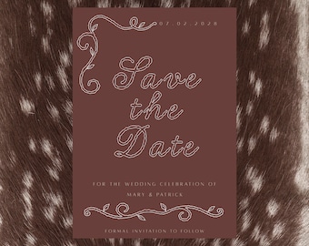 Könnte beinhalten: Eine rechteckige Save the Date-Karte in Dunkelmaroon mit weißen Linienzeichnungen von Ranken und dem Text Save the Date, 07.02.2028, FOR THE WEDDING CELEBRATION OF MARY & PATRICK, und FORMAL INVITATION TO FOLLOW.