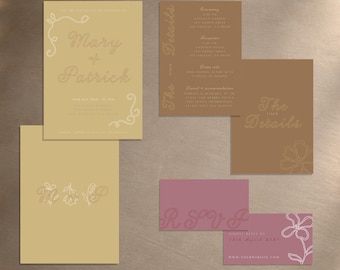 Puede incluir: Un conjunto de papelería de boda en tonos beige, marrón y malva. Las tarjetas presentan motivos florales de línea, texto cursivo que incluye Mary y Patrick, The Details y RSVP, junto con información del evento y detalles del sitio web en letra fina.