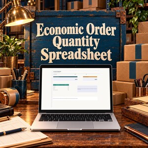 May include: A silver laptop displaying an Economic Order Quantity Spreadsheet on its screen, positioned in front of a large blue wooden crate with the text Economic Order Quantity Spreadsheet printed in large white letters.