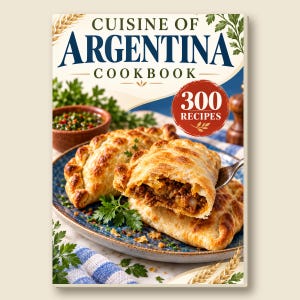 以下が含まれることがあります： 300のレシピを掲載した「Cuisine of Argentina Cookbook」というタイトルの料理本。表紙には、青い模様の皿に盛られた黄金色のエンパナーダが写っており、一つは中身の肉が見えるように割られ、新鮮なパセリが添えられています。