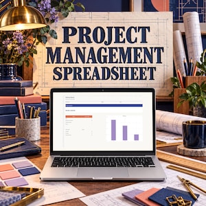 May include: A silver laptop displaying a project management spreadsheet with a bar chart, positioned in front of a sign reading PROJECT MANAGEMENT SPREADSHEET, surrounded by office supplies including pens, a ruler, and blueprints.
