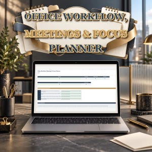 May include: A laptop displaying an Office Workflow, Meetings & Focus Planner spreadsheet. Above the screen, a decorative banner features the text "OFFICE WORKFLOW, MEETINGS & FOCUS PLANNER" in gold and blue lettering against a paper-like background.