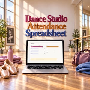 May include: A silver laptop displaying a Dance Studio Attendance Spreadsheet on its screen, positioned on a wooden floor with pink ballet slippers, a pink water bottle, a folded purple towel, a blue cloth, and a mauve gym bag.