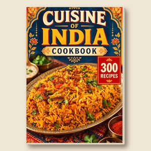 Może przedstawiać: Książka kucharska zatytułowana Cuisine of India Cookbook przedstawiająca duży półmisek pomarańczowego ryżu biryani z zielonymi ziołami i smażoną cebulą. Czerwona ramka na okładce zawiera tekst 300 Recipes. Widoczne są małe miseczki z przyprawami.