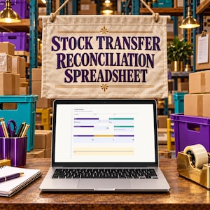 May include: A laptop displaying a stock transfer reconciliation spreadsheet sits on a desk. Above it hangs a beige fabric sign with the purple text "STOCK TRANSFER RECONCILIATION SPREADSHEET" and gold decorative accents.