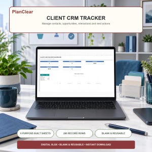 Könnte beinhalten: Ein digitaler Client CRM Tracker auf einem Laptop-Bildschirm. Die Benutzeroberfläche zeigt ein Dashboard mit Kennzahlen für Kontakte, Chancen und Aktionen. Der Text umfasst PlanClear, 6 zweckgebundene Tabellen, 200 Datensatzzeilen, leer & wiederverwendbar sowie digitaler xlsx-Sofort-Download.