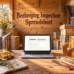 May include: A laptop displaying a beekeeping inspection spreadsheet sits on a wooden table. The wall behind features the text Beekeeping Inspection Spreadsheet. Nearby are a metal smoker, honey jars, gloves, and a notebook.