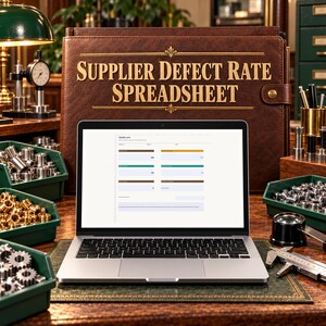 May include: A silver laptop displaying a Supplier Defect Rate Spreadsheet sits in front of a large brown leather binder with gold lettering. The scene includes green bins filled with metal parts, a dial indicator, and a metal caliper.