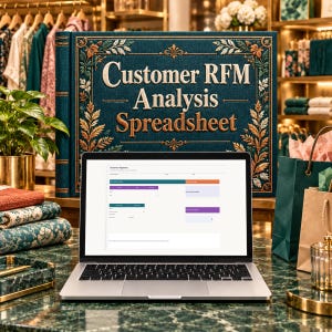 May include: A silver laptop displays a Customer RFM Analysis Spreadsheet on its screen. Behind the laptop sits a large, dark teal book with gold embossed text reading Customer RFM Analysis Spreadsheet and intricate floral border designs.