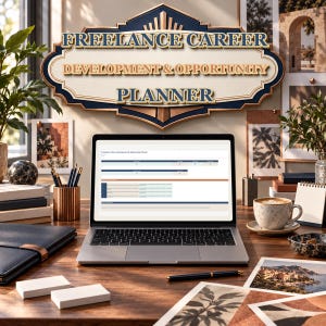Könnte beinhalten: Ein Laptop mit einer Tabellenkalkulation namens Freelance Career Development & Opportunity Planner auf einem Holztisch, zusammen mit einem Stift, einer Kaffeetasse, einem Notizbuch und einem dekorativen Schild mit dem gleichen Titel in Blau und Gold.