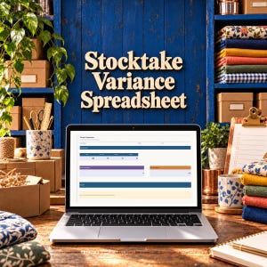 Può includere: Un computer portatile che mostra un foglio di calcolo Stocktake Variance Spreadsheet, posizionato davanti a una parete in legno blu con il testo Stocktake Variance Spreadsheet montato in grandi lettere di legno.