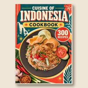Puede incluir: Un libro de cocina titulado Cuisine of Indonesia con 300 recetas. La portada muestra un plato de arroz frito cubierto con galletas, rodajas de chile rojo y cebolletas, junto a chiles rojos frescos, ajo y chalotas fritas.
