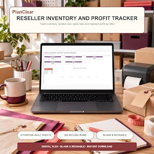 May include: A laptop displaying a PlanClear Reseller Inventory and Profit Tracker dashboard. The screen shows data fields for landed cost, sales fees, and realized profit. The digital file includes 6 purpose-built sheets, 200 record rows, and is blank and reusable.