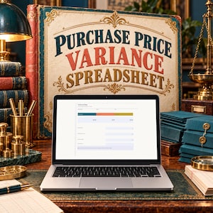 Può includere: Un computer portatile argentato che mostra un foglio di calcolo intitolato Variance Bridge sullo schermo. Dietro il portatile c'è una grande copertina di libro rettangolare con il testo Purchase Price Variance Spreadsheet in lettere blu scuro, rosse e oro.