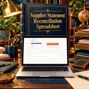 May include: A silver laptop displaying a Supplier Statement Reconciliation Spreadsheet on its screen, positioned in front of a large, dark blue, gold-embossed book titled Supplier Statement Reconciliation Spreadsheet on a desk.