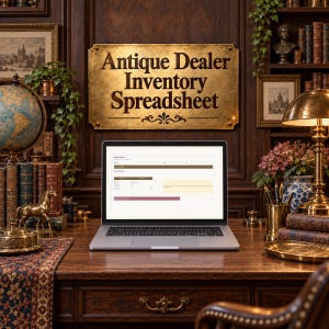 May include: A silver laptop displaying an inventory spreadsheet on its screen, positioned on a wooden desk beneath a gold-colored metal sign with the black text Antique Dealer Inventory Spreadsheet, surrounded by books and a globe.
