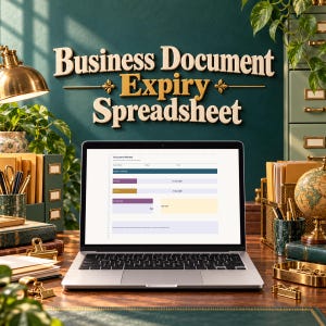 May include: A laptop displaying a Business Document Expiry Spreadsheet on its screen, positioned on a wooden desk with office supplies including a globe, a brass lamp, and document organisers against a dark green wall with text.