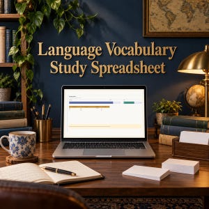 May include: A laptop displaying a Language Vocabulary Study Spreadsheet on a wooden desk. The desk features a floral mug, a notebook with a pen, stacks of white cards, a metal pen holder, and a stack of books. Gold text reads Language Vocabulary Study Spreadsheet.