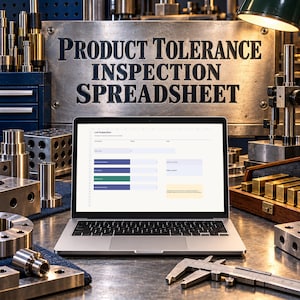 May include: A silver laptop displaying a Product Tolerance Inspection Spreadsheet on its screen, positioned on a metal workbench surrounded by various industrial machine parts, metal blocks, and a metal caliper tool.