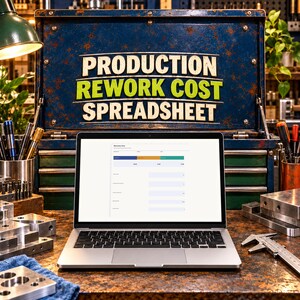 May include: A laptop displaying a production rework cost spreadsheet, positioned in front of a weathered blue metal toolbox with the text PRODUCTION REWORK COST SPREADSHEET in white and lime green lettering on the lid.