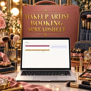 Könnte beinhalten: Ein Laptop mit einer digitalen Tabelle mit der Aufschrift Makeup Artist Booking Spreadsheet, vor einem braunen Lederetui mit goldener Prägung, umgeben von Make-up-Pinseln, Lippenstift und Kosmetikpaletten.