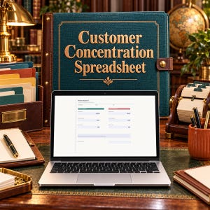 May include: A silver laptop displaying a spreadsheet titled Revenue Exposure sits in front of a large teal binder with the gold embossed text Customer Concentration Spreadsheet, featuring brown leather accents and a gold snap closure.