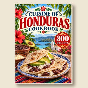 Może przedstawiać: Książka kucharska zatytułowana Cuisine of Honduras Cookbook z 300 Recipes na okładce. Okładka przedstawia tropikalny krajobraz, czerwone kwiaty hibiskusa oraz talerz z dwiema złożonymi tortillami wypełnionymi czarną fasolą, awokado i białym serem.