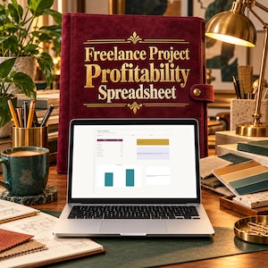 Può includere: Un portatile argentato che mostra un foglio di calcolo per il contributo ai progetti davanti a un raccoglitore in finta pelle scamosciata rosso scuro con testo dorato in rilievo Freelance Project Profitability Spreadsheet e chiusura a scatto dorata.