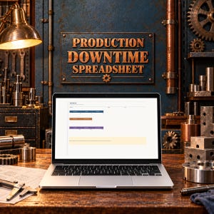 May include: A silver laptop displaying a production downtime spreadsheet on its screen, positioned on a wooden desk in a workshop. A metal sign above reads PRODUCTION DOWNTIME SPREADSHEET. The workspace features industrial tools, gears, and a lamp.