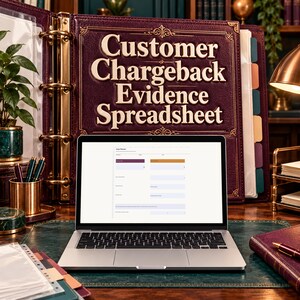 Könnte beinhalten: Ein silberner Laptop zeigt eine digitale Tabelle mit dem Titel Case Planner. Dahinter steht ein großer, dunkelvioletter Ordner mit dem geprägten goldenen Text Customer Chargeback Evidence Spreadsheet, begleitet von einem Stiftehalter und Stiften.