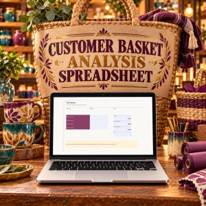 Könnte beinhalten: Ein Laptop mit einer Customer Basket Analysis Spreadsheet auf dem Bildschirm, platziert vor einem geflochtenen Korb mit demselben aufgedruckten Text, umgeben von Keramiktassen und violetten Stoffrollen.