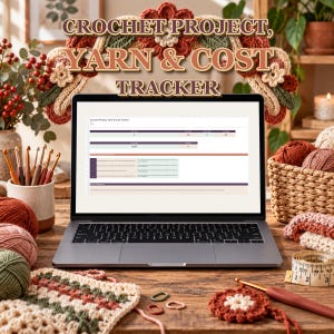 Può includere: Un computer portatile che mostra un foglio di calcolo digitale Crochet Project, Yarn & Cost Tracker. Lo schermo visualizza tabelle di dati, circondato da gomitoli di lana, uncinetti in una tazza, un metro a nastro e fiori all'uncinetto.