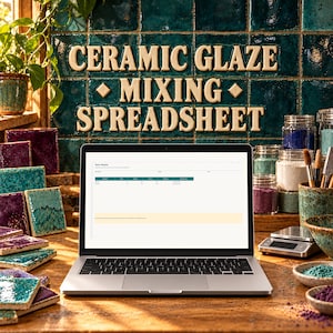 May include: A silver laptop displaying a ceramic glaze mixing spreadsheet on its screen. The background features dark teal square tiles with the text CERAMIC GLAZE MIXING SPREADSHEET in raised letters, alongside various jars of coloured powders.