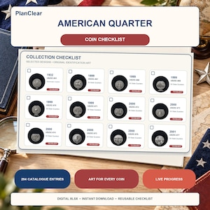 Könnte beinhalten: Eine digitale American Quarter Münz-Checkliste von PlanClear mit einem Raster aus zwölf kreisförmigen Münzfeldern für die Jahre 1932 bis 2001, Kontrollkästchen, Identifikationscodes und roten Schaltflächen mit der Aufschrift TO COLLECT zur Fortschrittskontrolle.