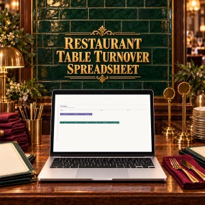 May include: A silver laptop displaying a Restaurant Table Turnover Spreadsheet on its screen, positioned on a wooden table with gold-toned cutlery, a stack of napkins, and a brass lamp against a dark green tiled wall with gold text.
