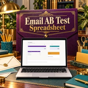 Könnte beinhalten: Ein silberner Laptop zeigt eine Email AB Test Spreadsheet Tabelle auf dem Bildschirm. Dahinter steht eine große lila Mappe mit dem goldenen Text Email AB Test Spreadsheet. Der Schreibtisch enthält eine goldene Lampe und gelbe Stifte.