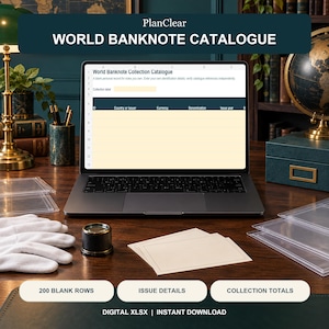 May include: A laptop displaying a World Banknote Collection Catalogue spreadsheet with columns for ID, Country or issuer, Currency, Denomination, and Issue year. The screen shows 200 blank rows, issue details, and collection totals for digital download.