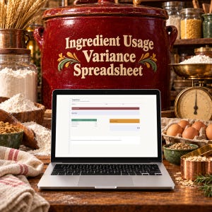 Può includere: Un computer portatile argentato mostra un foglio di calcolo con il testo Ingredient Usage Variance Spreadsheet. Dietro si trova un grande vaso in ceramica rosso scuro con il testo Ingredient Usage Variance Spreadsheet in rilievo.