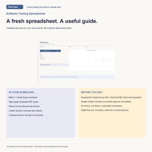 K&ouml;nnte beinhalten: Eine digitale Software-Test-Tabelle von PlanClear mit einer leeren Excel-Arbeitsmappe mit 11 Tabellenbl&auml;ttern, einem achtseitigen illustrierten PDF-Handbuch und einer Readme-Datei. Das Dokument enth&auml;lt verkn&uuml;pfte Datens&auml;tze, Formeln und Pr&uuml;fungen.
