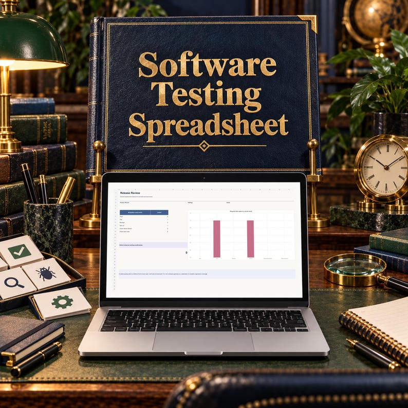 K&ouml;nnte beinhalten: Ein silberner Laptop zeigt eine Software-Test-Tabelle mit einem Balkendiagramm. Dahinter steht ein gro&szlig;es, dunkelblaues Buch mit dem goldenen Schriftzug Software Testing Spreadsheet, umgeben von verschiedenen Schreibtischutensilien.